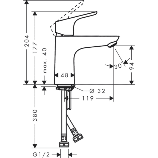31517223 HG Decor Basin mixer 100 without waste set_Stiles_TechDrawing_Image